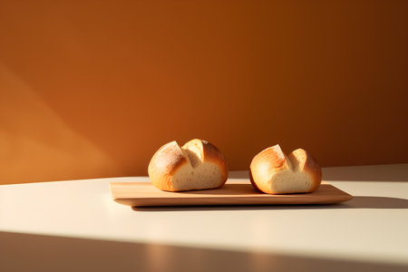 Bread buns on a wooden board on an orange background.の素材