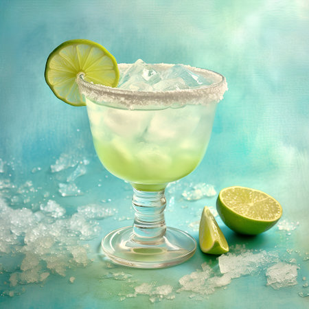 Cocktail with lime and ice on a turquoise backgroundの素材