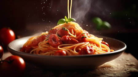 Spaghetti with tomato sauce and parmesan cheese on dark backgroundの素材