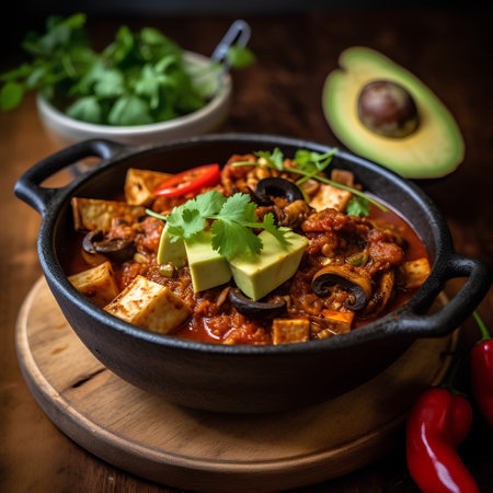 Mexican chili con carne in a bowl on wooden background.の素材