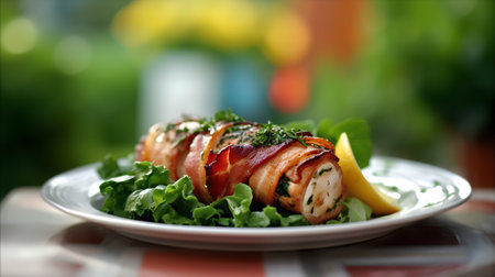 Rolls of bacon wrapped in bacon with green salad on a plateの素材