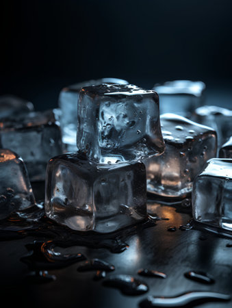 Ice cubes on black background. Shallow depth of field. Toned.の素材
