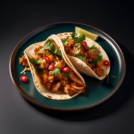 Traditional mexican tacos with chicken meat and vegetables on dark backgroundの素材