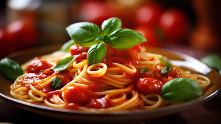 Spaghetti with tomato sauce and fresh basil leaves on a wooden tableの素材