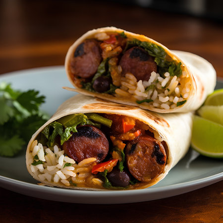 Mexican burritos with vegetables and rice on a wooden tableの素材