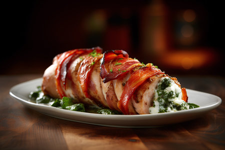 Baked bacon wrapped in bacon with spinach on a wooden table.の素材