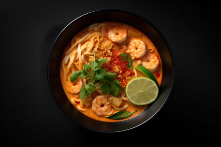 Bowl of spicy Thai soup with shrimps and noodles on black backgroundの素材