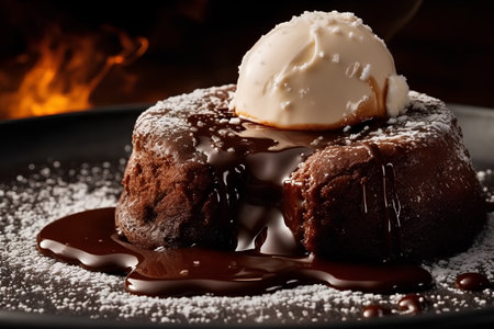 Chocolate fondant with ice cream and chocolate sauce on black plateの素材