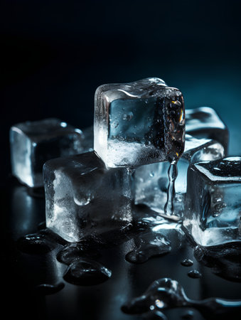 Melting ice cubes on black background. Shallow dof.の素材