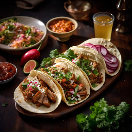 Traditional mexican tacos with meat and vegetables on wooden background.の素材