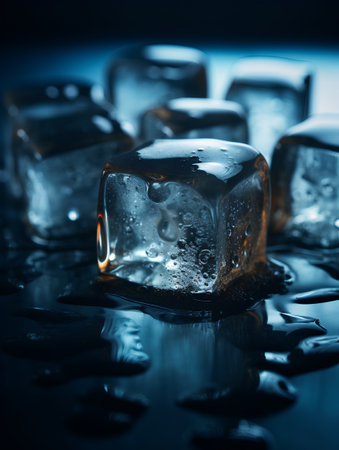 Ice cubes on dark background. Shallow depth of field. Toned.の素材