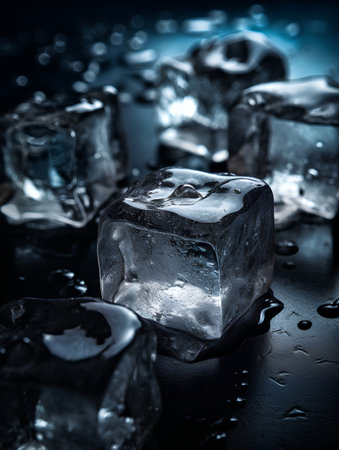 Ice cubes with water drops on black background. Shallow depth of field. Toned.の素材