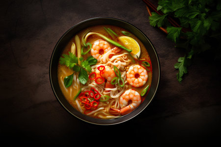 Asian soup with shrimps and noodles in bowl on dark backgroundの素材