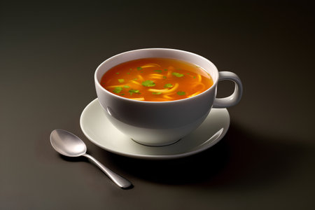 A cup of soup on a dark background. 3d render.の素材