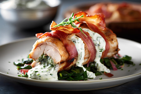 Bacon wrapped chicken breast stuffed with spinach, arugula and cream sauceの素材