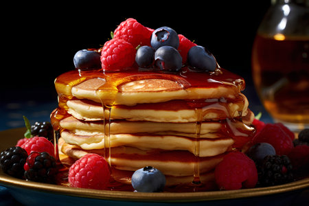 Pancakes with honey and berries on a dark background. Selective focus.の素材
