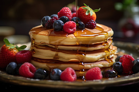 Pancakes with fresh berries and maple syrup on a dark backgroundの素材