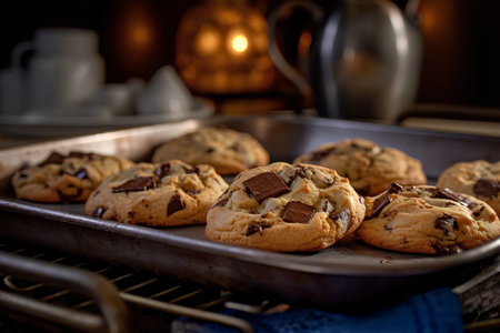 Chocolate chip cookies on a metal tray. Selective focus.の素材