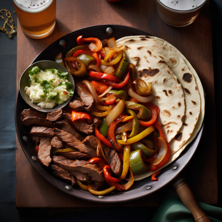 Traditional mexican beef tacos with bell pepper, onion and pita breadの素材