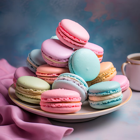Colorful macaroons on a plate and a cup of coffee on a blue backgroundの素材