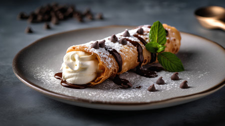 Chocolate crepes with whipped cream and mint on a plate.の素材