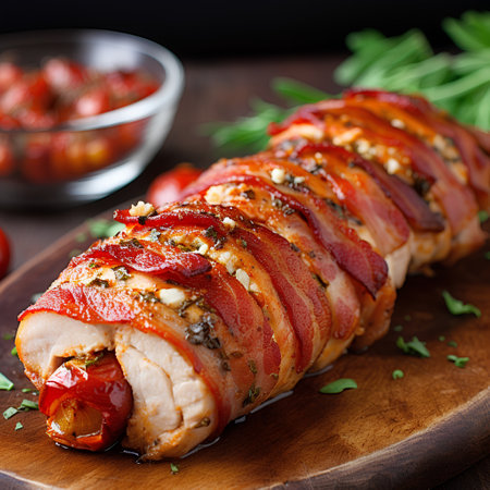 Baked pork loin wrapped in bacon with spices and tomatoes on a wooden boardの素材
