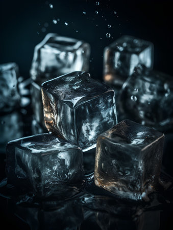 Ice cubes with water drops on black background. Shallow depth of field.の素材