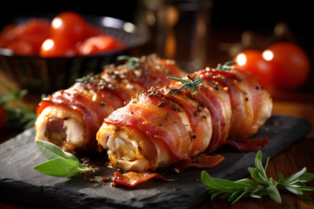 Rolls of bacon wrapped in bacon with herbs and spices on a dark backgroundの素材