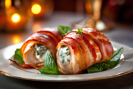 Rolls of bacon wrapped with blue cheese, garnished with fresh basilの素材
