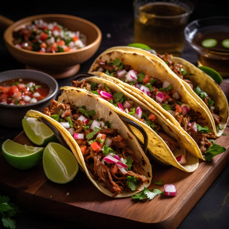 Traditional mexican tacos with beef, tomato salsa and cilantroの素材