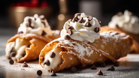 Eclairs with whipped cream and chocolate chips on a black backgroundの素材