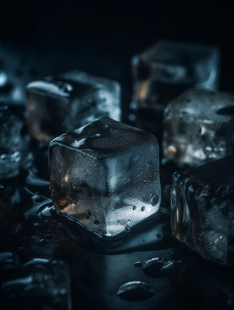 Ice cubes on black background. Selective focus. Toned.の素材