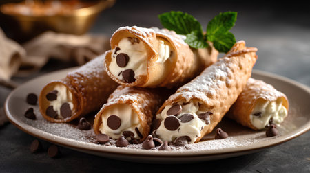Chocolate strudel with cream and chocolate chips on a dark backgroundの素材