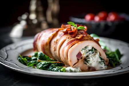 Stuffed chicken breast with bacon and spinach on a dark background.の素材