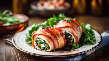 Rolls of bacon wrapped with spinach and cheese on a wooden backgroundの素材