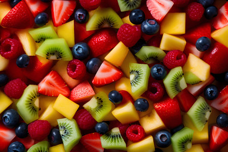 Fruit salad with strawberries, blueberries, kiwi, mango and pineapple.の素材