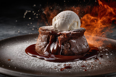 Chocolate Souffle with ice cream and chocolate sauce on black plateの素材