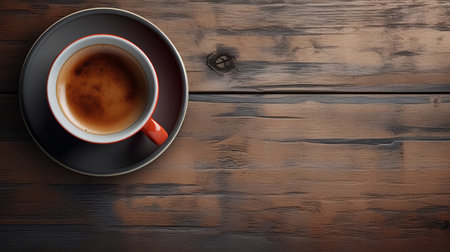 Cup of coffee on wooden table. Top view with copy spaceの素材