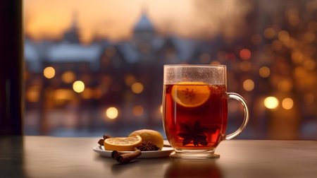 Mulled wine with spices on a background of the city.の素材