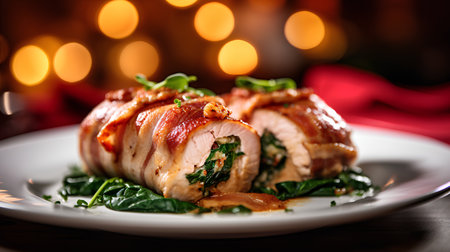 Roasted chicken breast stuffed with spinach and cheese on a white plate.の素材