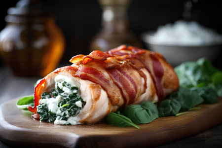 Roll with bacon, cheese and spinach on a wooden board. Selective focus.の素材