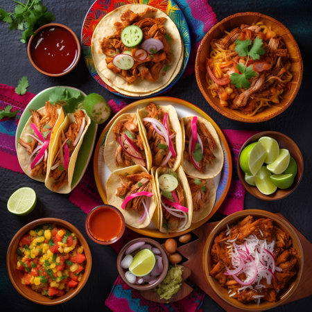 Mexican tacos with beef, onion and guacamole sauceの素材