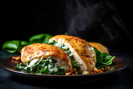 Grilled chicken breast with spinach and parmesan cheese on a dark backgroundの素材