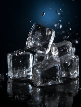Ice cubes with water drops on a black background. Ice cubes on a dark background.の素材