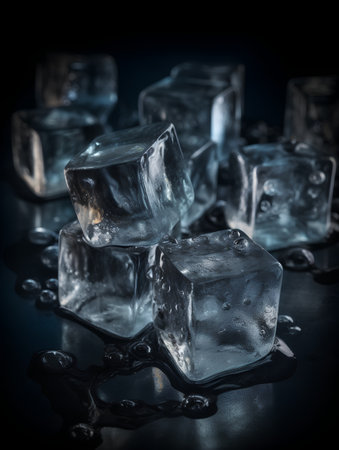 Ice cubes on a black background with reflection. Selective focus. Toned.の素材
