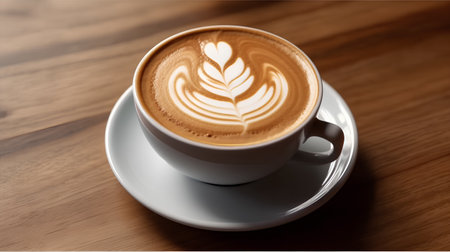 Coffee cup with latte art on wooden table background.の素材