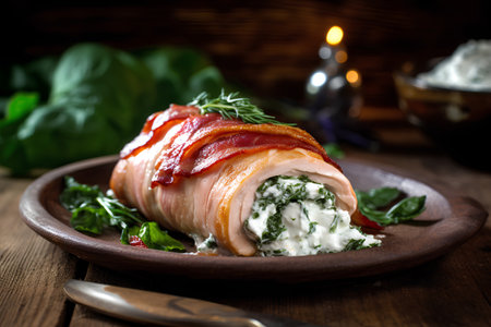 Rolls of bacon with cream cheese and herbs on a wooden backgroundの素材