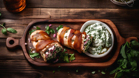 Baked pork knuckle with cream sauce and herbs on wooden backgroundの素材