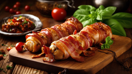 Bacon wrapped bacon on wooden cutting board with tomatoes and basil.の素材