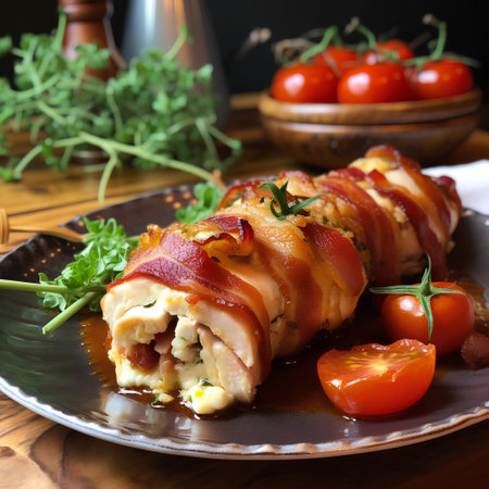 Pork roll stuffed with cheese, bacon and vegetables on a wooden tableの素材